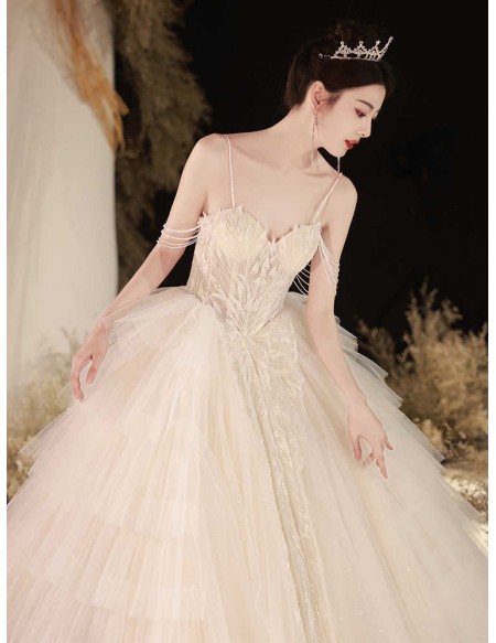 Ruffled Ballgown Tulle Wedding Dress With Beaded Straps