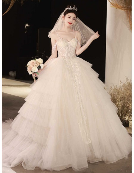 Ruffled Ballgown Tulle Wedding Dress With Beaded Straps