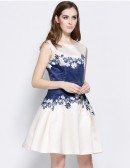 Aline Short Dress White with Blue Floral Print