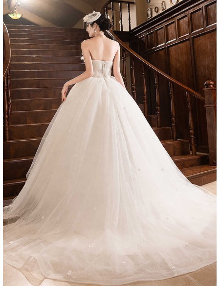 Strapless Lovely Little Flowers Ballgown Tulle Wedding Dress With Train