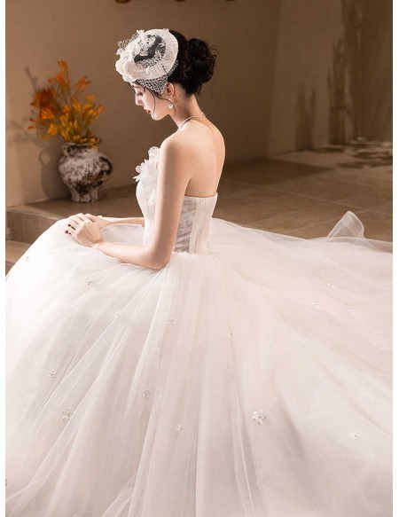 Strapless Lovely Little Flowers Ballgown Tulle Wedding Dress With Train