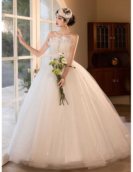 Strapless Lovely Little Flowers Ballgown Tulle Wedding Dress With Train