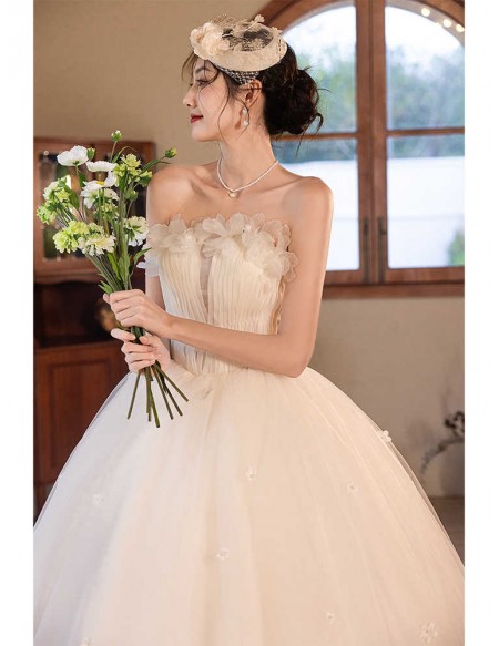 Strapless Lovely Little Flowers Ballgown Tulle Wedding Dress With Train