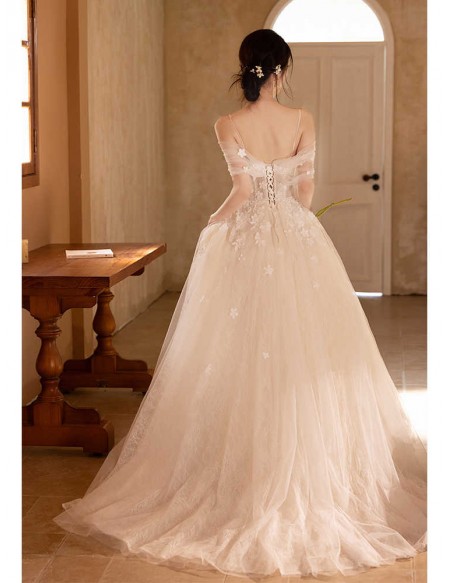 Romantic Flowers Lace Ballgown Tulle White Wedding Dress With Straps