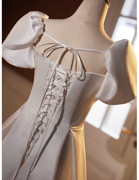 White Bubble Sleeved Pleated Satin Wedding Dress With Train