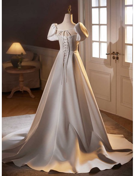 White Bubble Sleeved Pleated Satin Wedding Dress With Train