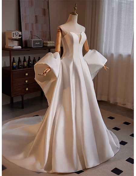 Strapless Satin White Ballgown Wedding Dress With Cape