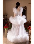 Dramatic Puffy Tulle See-through White Wedding Party Dress