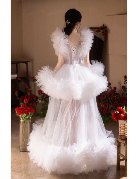 Dramatic Puffy Tulle See-through White Wedding Party Dress