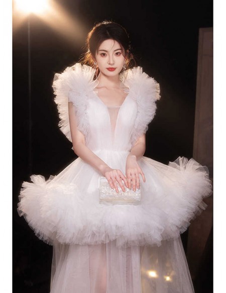 Dramatic Puffy Tulle See-through White Wedding Party Dress