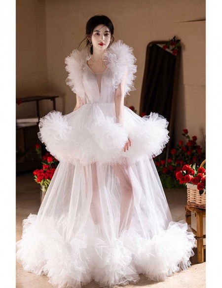 Dramatic Puffy Tulle See-through White Wedding Party Dress