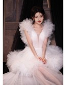 Dramatic Puffy Tulle See-through White Wedding Party Dress