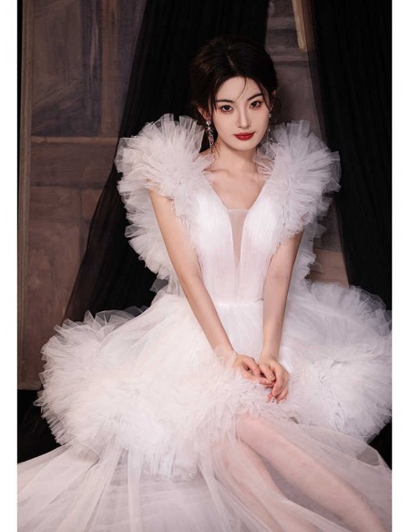 Dramatic Puffy Tulle See-through White Wedding Party Dress