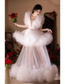 Dramatic Puffy Tulle See-through White Wedding Party Dress