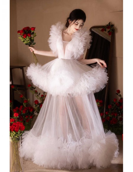 Dramatic Puffy Tulle See-through White Wedding Party Dress