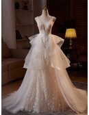 Beautiful Beaded Lace Ruffled Tulle Wedding Dress