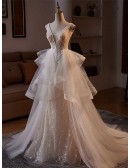 Beautiful Beaded Lace Ruffled Tulle Wedding Dress