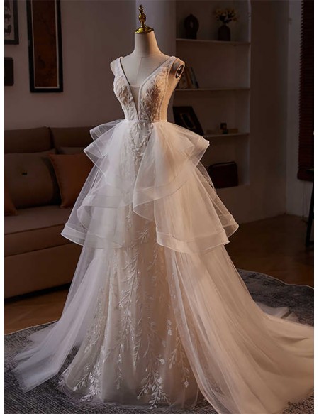 Beautiful Beaded Lace Ruffled Tulle Wedding Dress