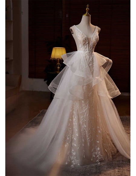 Beautiful Beaded Lace Ruffled Tulle Wedding Dress