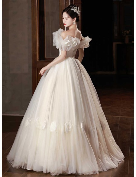 Cute Flowers Off Shoulder Ballgown Tulle Wedding Dress