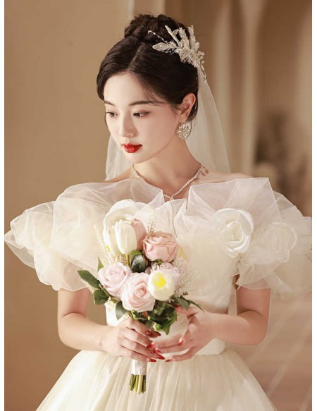 Cute Flowers Off Shoulder Ballgown Tulle Wedding Dress