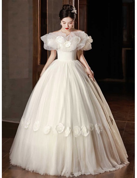 Cute Flowers Off Shoulder Ballgown Tulle Wedding Dress