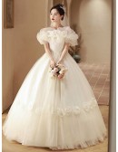 Cute Flowers Off Shoulder Ballgown Tulle Wedding Dress
