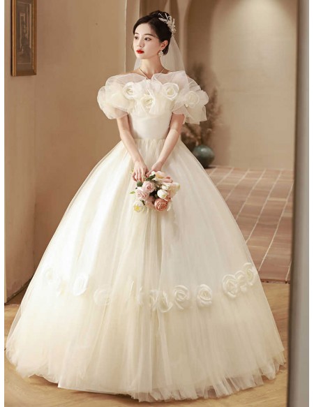 Cute Flowers Off Shoulder Ballgown Tulle Wedding Dress