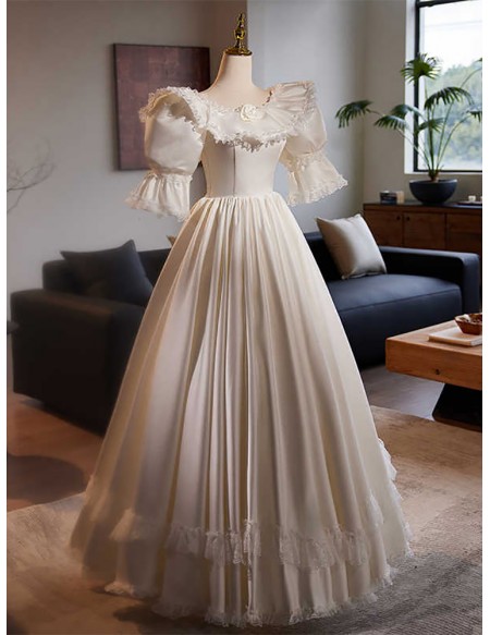 Vintage Inspired Satin Ballgown Wedding Dress With Sleeves