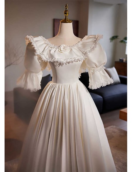 Vintage Inspired Satin Ballgown Wedding Dress With Sleeves