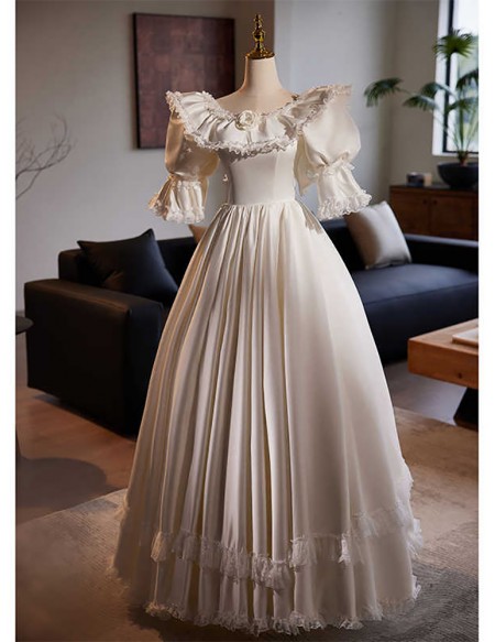 Vintage Inspired Satin Ballgown Wedding Dress With Sleeves