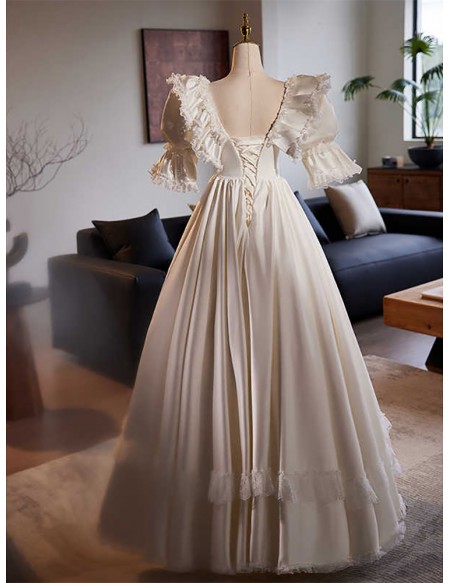 Vintage Inspired Satin Ballgown Wedding Dress With Sleeves