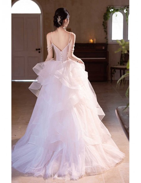 Sexy Vneck Sheer Waist Ruffled Ballgown Wedding Dress With Beaded Straps