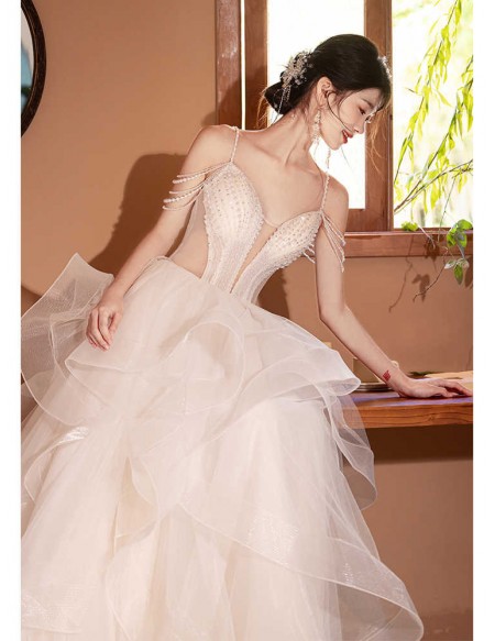 Sexy Vneck Sheer Waist Ruffled Ballgown Wedding Dress With Beaded Straps
