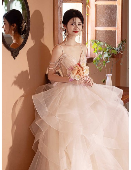 Sexy Vneck Sheer Waist Ruffled Ballgown Wedding Dress With Beaded Straps