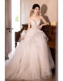 Sexy Vneck Sheer Waist Ruffled Ballgown Wedding Dress With Beaded Straps