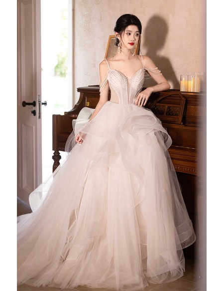 Sexy Vneck Sheer Waist Ruffled Ballgown Wedding Dress With Beaded Straps