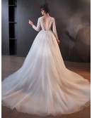 Elegant Long Lace Sleeved Ballgown Tulle Wedding Dress With Train