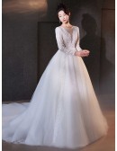 Elegant Long Lace Sleeved Ballgown Tulle Wedding Dress With Train