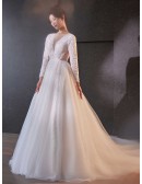 Elegant Long Lace Sleeved Ballgown Tulle Wedding Dress With Train