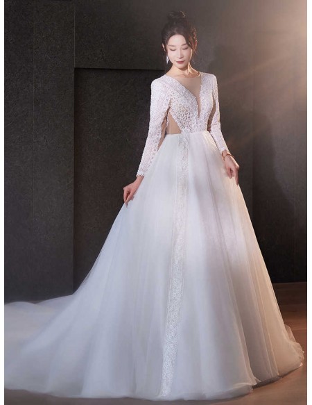 Elegant Long Lace Sleeved Ballgown Tulle Wedding Dress With Train