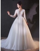 Elegant Long Lace Sleeved Ballgown Tulle Wedding Dress With Train