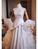 White High Neck Lace Satin Wedding Dress With Tulle Shawl