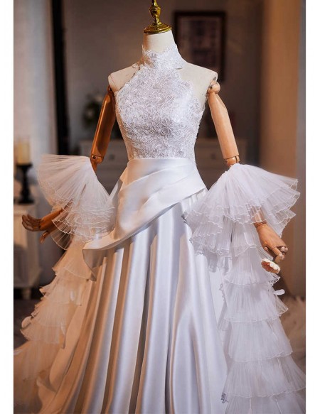 White High Neck Lace Satin Wedding Dress With Tulle Shawl