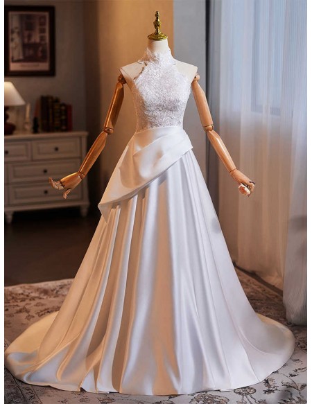 White High Neck Lace Satin Wedding Dress With Tulle Shawl