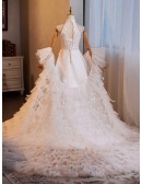 White High Neck Lace Satin Wedding Dress With Tulle Shawl
