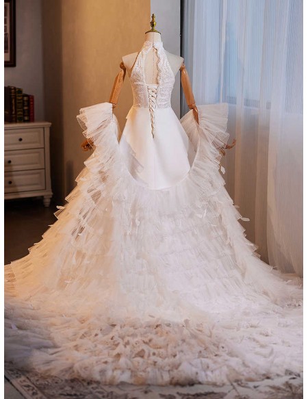 White High Neck Lace Satin Wedding Dress With Tulle Shawl