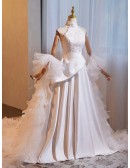 White High Neck Lace Satin Wedding Dress With Tulle Shawl