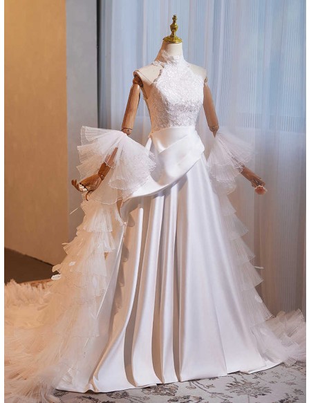 White High Neck Lace Satin Wedding Dress With Tulle Shawl