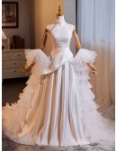 White High Neck Lace Satin Wedding Dress With Tulle Shawl